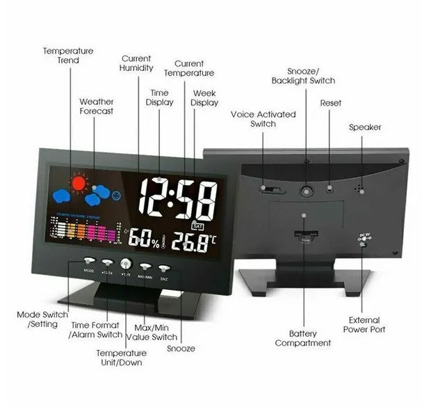 LED Digital Alarm Clock Snooze Calendar Thermometer Hygrometer Weather Display
