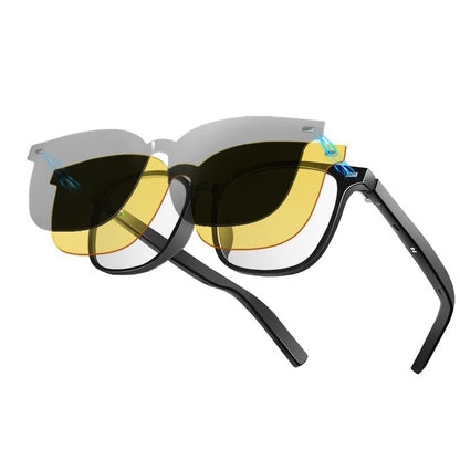 Smart AI Bluetooth Glasses With Magnetic Interchangeable Lenses- UV&Blue Light&Night Vision, Open Ear Speakers, Touch Control, 8H Battery