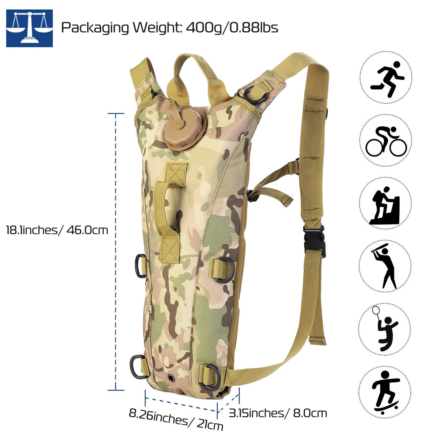 1Pc 3L Tactical Hydration Pack Water Bladder, Adjustable Water Drink Backpack