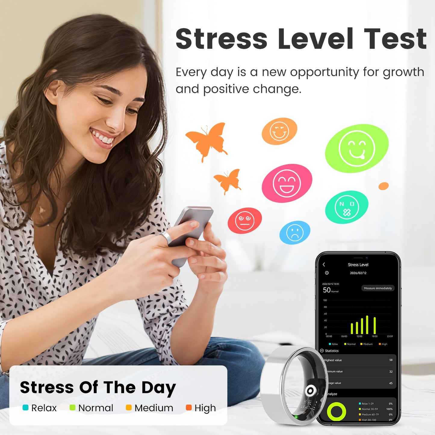 Smart Ring Health Tracker Fitness Sleep Stress HRV Tracker With Charging Case Magnetic Charging Cable For Women & Men Compatible With IOS & Android 7-Day Battery Life Size7 Size8 Size9 Size10