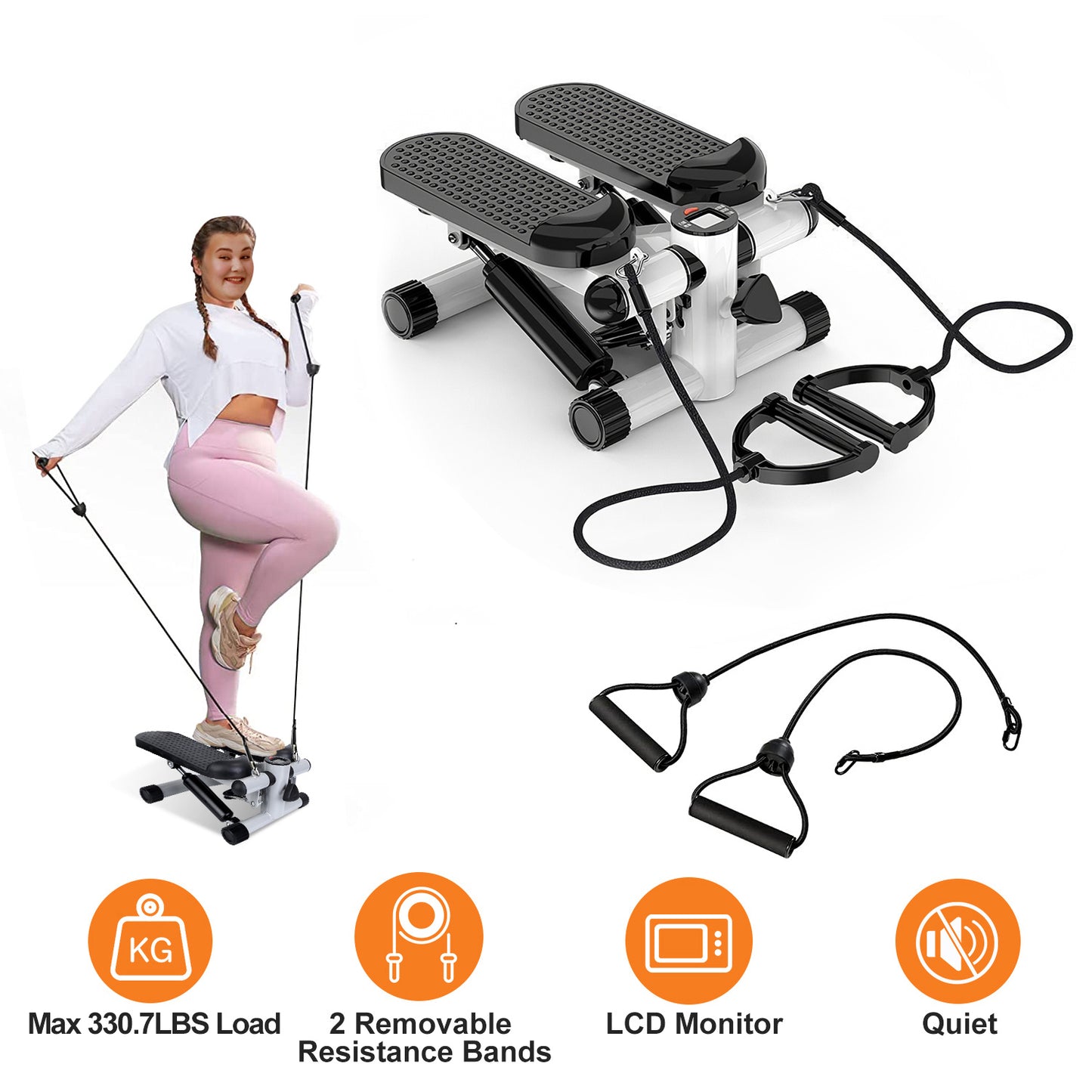 Stepper For Exercise Mini Fitness Stepper With 2 Resistance Bands LCD Monitor Max 330.7LBS